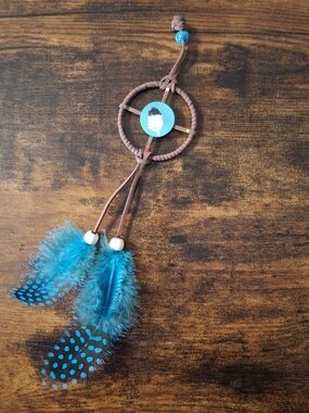 Handmade Native Medecine Wheel Wall Hanging Hand-Painted Feather Blue Green